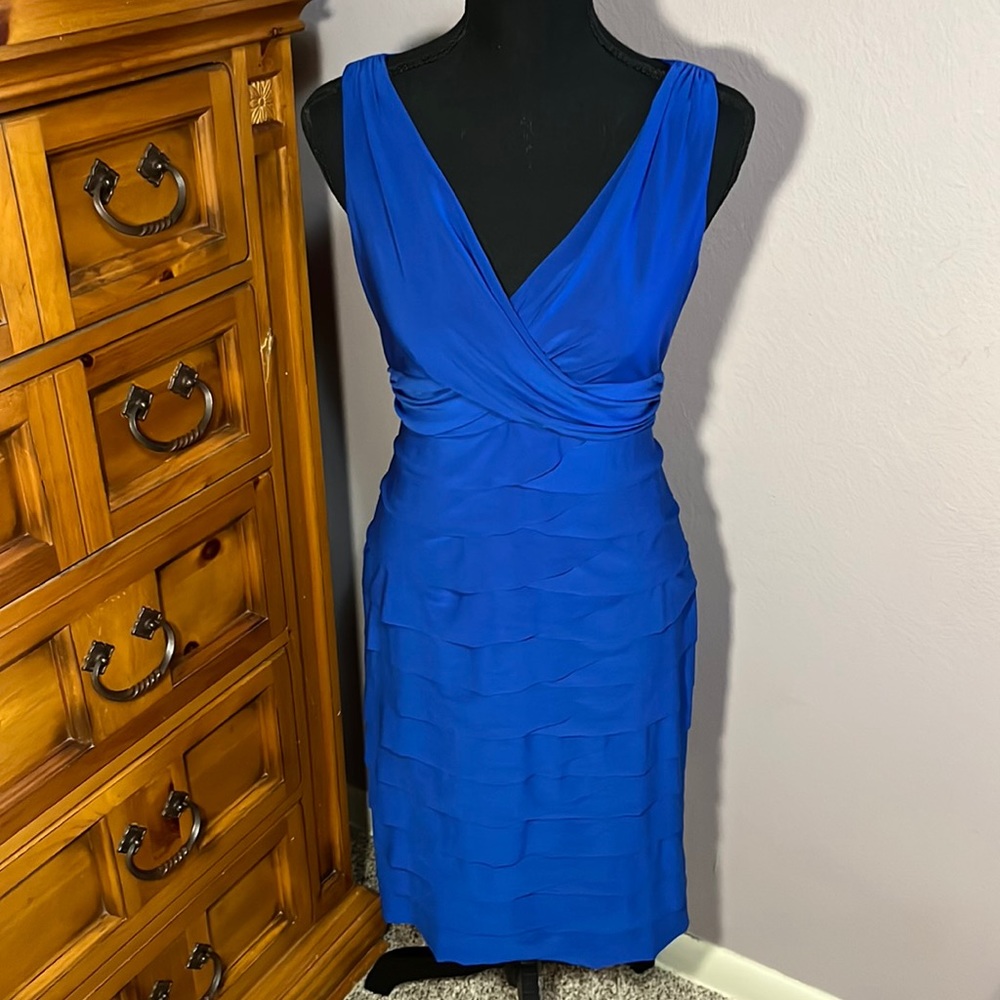 Royal Blue Pencil dress with a v-neck and ruffled skirt